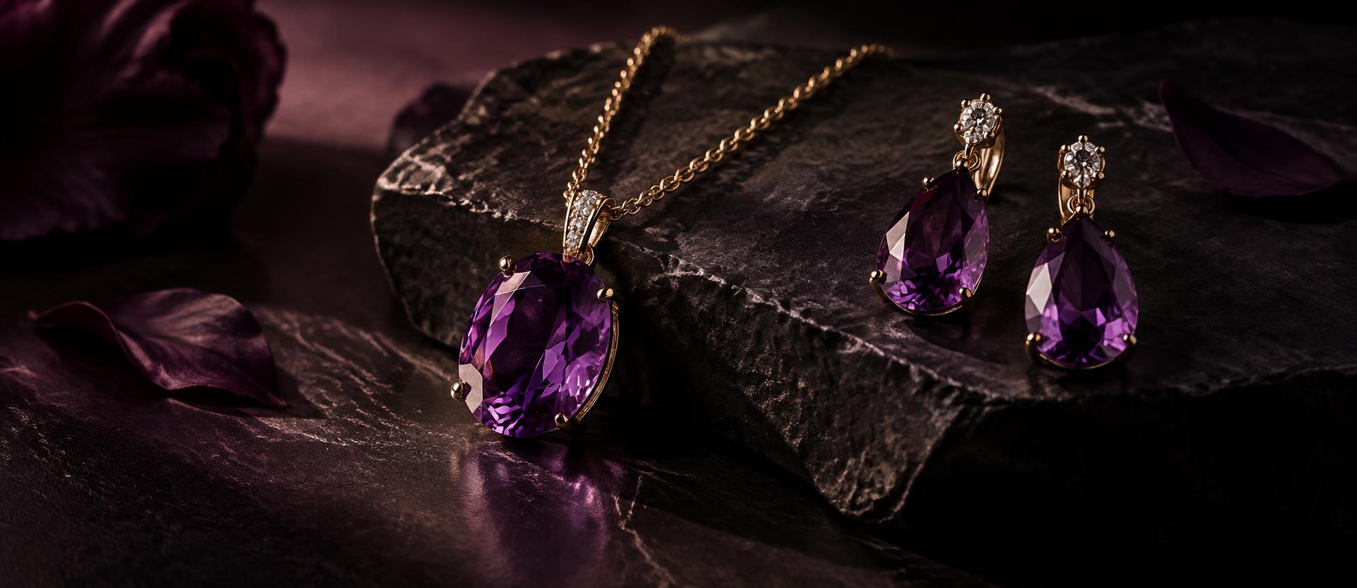 Amethyst pendant and earrings on dark stone