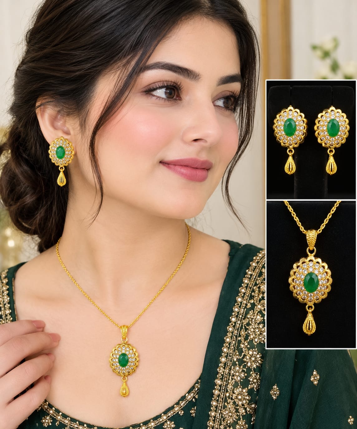 Emerald pendant set worn by a model