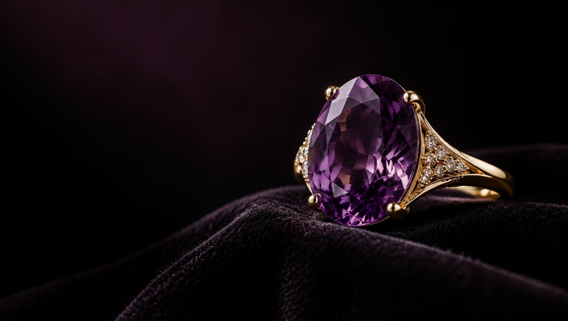 Gold ring with an oval amethyst on black velvet