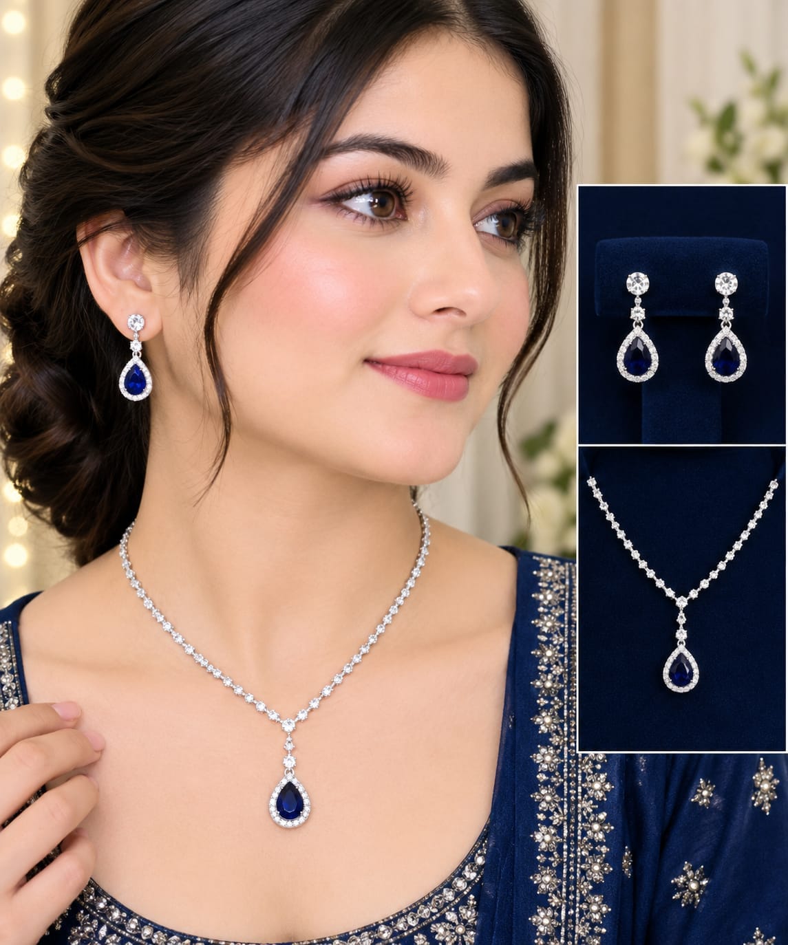 Model wearing a sapphire and crystal necklace and earrings